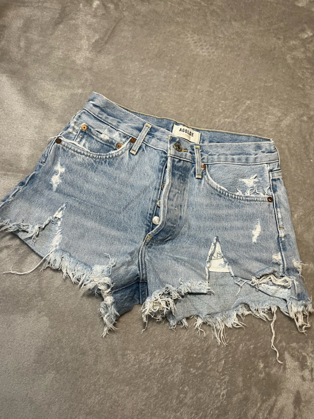Agolde Light Wash Distressed Denim Cutoff Shorts
